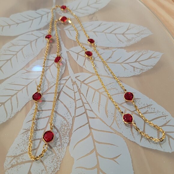 Gold Red Necklace, Ladybug Like Ruby Red Crystals, Lightweight Gold Tone - Picture 6 of 7